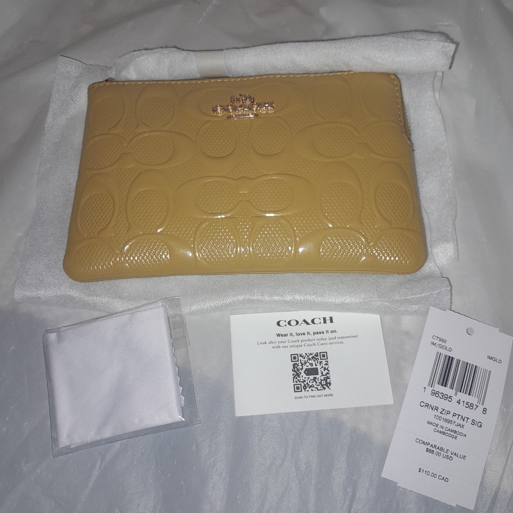 New Coach Wristlet In Singature Pantent Leather In Gold/Yellow/Cleaning Cloth